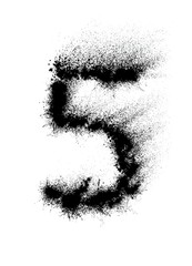Number 5 five character made of black powder ink isolated on white. Scary font.