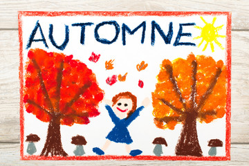 Photo of colorful drawing: French word Autumn, happy girl, trees with orange and red leaves and muschrooms,