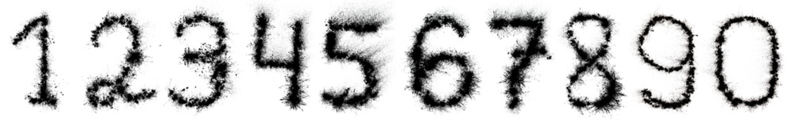 Fototapeta premium Set of numbers from 0 to 9 made of ink black powder isolated on white. Scary halloween font.
