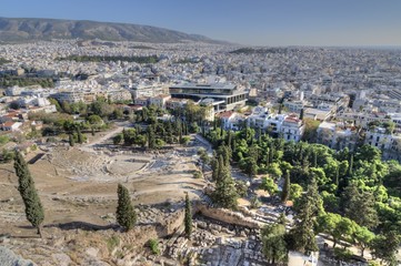 View of Athens from The Acropolis with The Theatre of Dionysus, Athens.