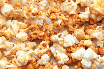 Tasty caramel popcorn, closeup