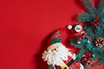 Christmas decorations on hot red background. Christmas and New Year theme. Place for your text, wishes, logo. Mock up.