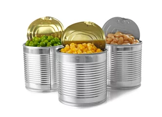 Poster Open tin cans with different food on white background © Africa Studio