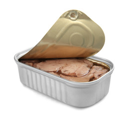 Open tin container with cod liver on white background