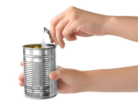 Fototapeta Opened tin can with olives on white background