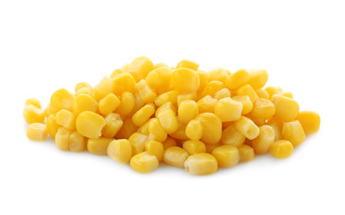 Canned corn kernels on white background
