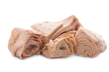 Canned tuna on white background