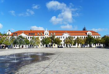 Cathedral Square „Domplatz“ with historic buildings of the Saxony-Anhalt state parliament in Magdeburg, Germany 