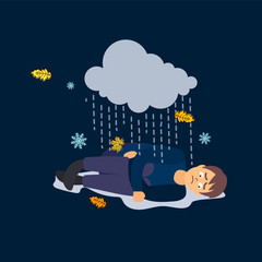 Sad man. Bad weather. Depression Vector flat cartoon illustration,  heartbroken alone sad young man guy.