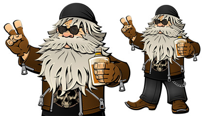 Old bearded biker with a bottle of whiskey. Cartoon character.