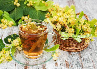cup of herbal tea with linden flowers