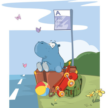 Illustration of a Cute Hippo Traveler. Cartoon Character