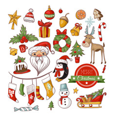 Christmas holiday set with santa, bells, candy, christmas tree, socks and other. Hand drawing vector illustration