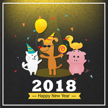 Happy New Year With Cute Animal Cat Dog Pig And Duck Cute Cartoon Background