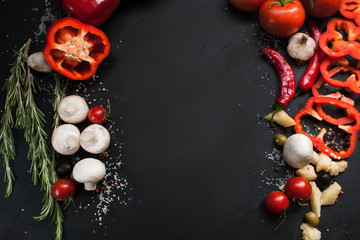 food photography. organic vegetable assortment spices mix background. healthy vegetarian lifestyle concept