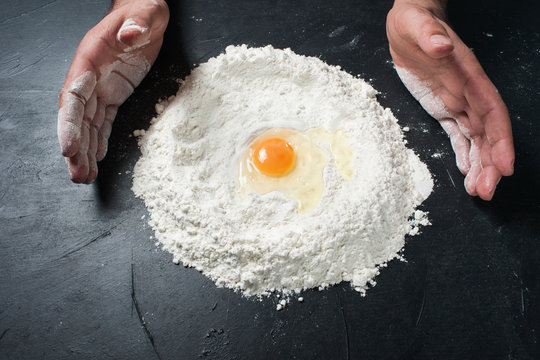 Food pastry recipe. Baker making dough from ingredients. Cooking concept