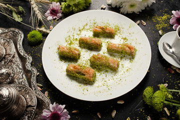 Baklava traditional oriental dessert. Tea and turkish pastry breakfast concept