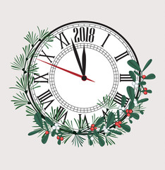 Happy New Year 2018, vector illustration Christmas background with clock showing year. Decoration of pine and mistletoe