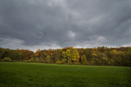 Stormy dark clouds over the trees and field. The fall scene