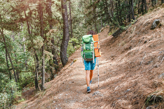 woman hiker with backpack walking at summer Lycian Way in Turkey