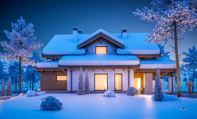 3d rendering of modern cozy house in chalet style