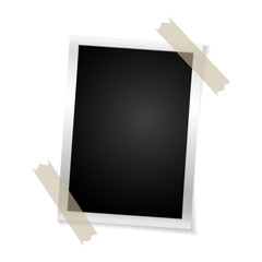 Frame retro photo on white background. Vintage vertical blank old photography on sticky tape. Vector illustration
