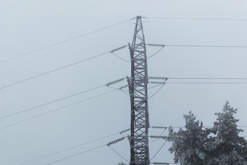 Winter photo of the high voltage transmission tower standing on the gray sky background with iced tree when blizazard is coming