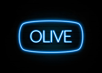 Olive  - colorful Neon Sign on brickwall