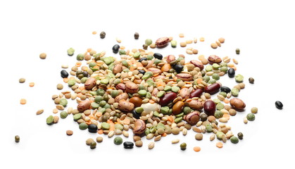 Mixed dried legumes and cereals isolated on white background
