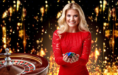 beautiful blonde girl with chips stands on the background of a royal roulette. collage with a...
