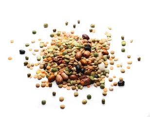 Mixed dried legumes and cereals isolated on white background