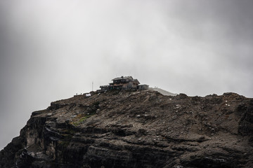 Nuvolau peak and hut on cloudy day. Cortina D'Ampezzo, Dolomites, Italy.