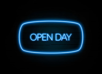 Open Day  - colorful Neon Sign on brickwall