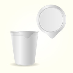 Mock up creme package yogurt, ice cream or sour creme package. 3D mock up of container with lid isolated. Template for your design. Top and front view.