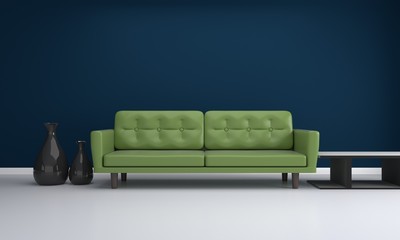 Green sofa in dark blue room interior design for background 3D rendering