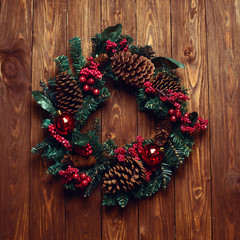 Christmas composition handmade christmas wreath on wooden background