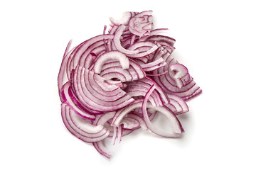 Red sliced onion, top view, isolated on white background.