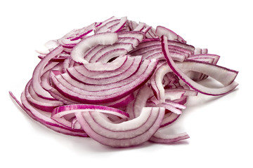 Red sliced onion, close-up, isolated on white background.