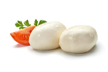 Mozzarella cheese, close-up, isolated on white background.