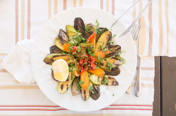 Albania's typical grilled vegetable recipe, top view photo of the original plate recipe
