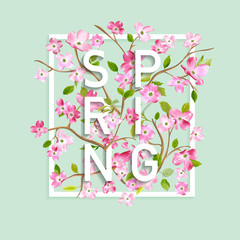 Floral Spring Graphic Design with Cherry Blossom Flowers for T-shirt, Fashion Prints in vector