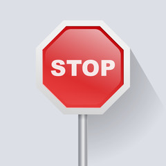 Red road sign with text Stop icon. 