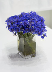 Cornflowers in a glass jar stand on the table. Flowers