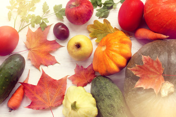  Thanksgiving day/ different vegetables and fruits on the table top view