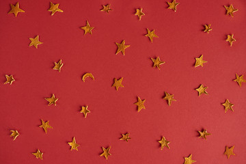 Fototapeta premium A lot of yellow stars on red background. Design mockup. Top view