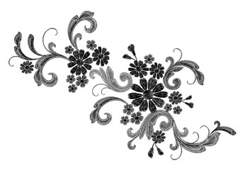 Realistic white vector embroidery fashion patch. Flower rose daisy leaves vintage victorian design. Stitch texture floral arrangement clothes decoration illustration