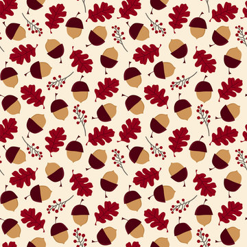 Acorns, Berries And Oak Leaves. Seamless Vector Pattern.