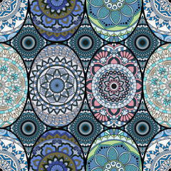 Seamless pattern tile with mandalas. Vintage decorative elements. Hand drawn background. Islam, Arabic, Indian, ottoman motifs. Perfect for printing on fabric or paper.