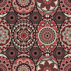 Seamless pattern tile with mandalas. Vintage decorative elements. Hand drawn background. Islam, Arabic, Indian, ottoman motifs. Perfect for printing on fabric or paper.