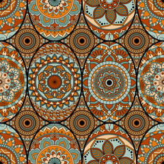 Seamless pattern tile with mandalas. Vintage decorative elements. Hand drawn background. Islam, Arabic, Indian, ottoman motifs. Perfect for printing on fabric or paper.
